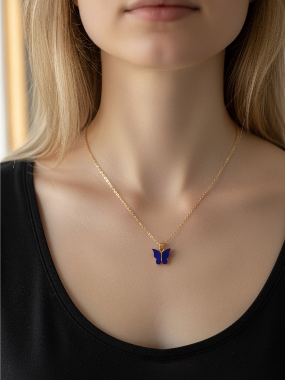 Gold Tone Chain Necklace with Blue Butterfly Pendant - Women Jewelry